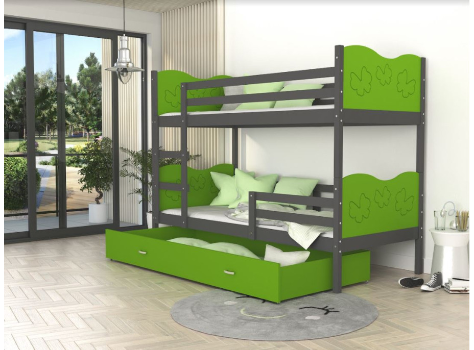 Detská poschodová posteľ so zásuvkou MAX R - 190x80 cm - zeleno-šedá - motýle