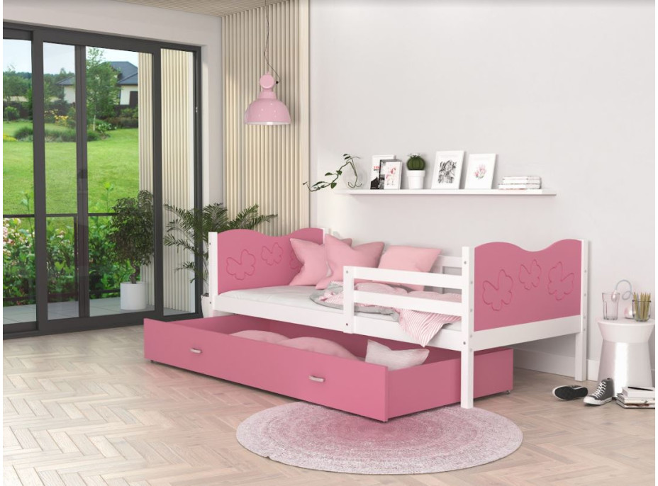 Detská posteľ so zásuvkou MAX S - 190x80 cm - ružovo-biela - motýle