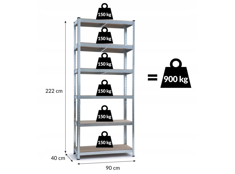 Úložný regál METAL - kovový - 90x40x222 cm - nosnosť 900 kg