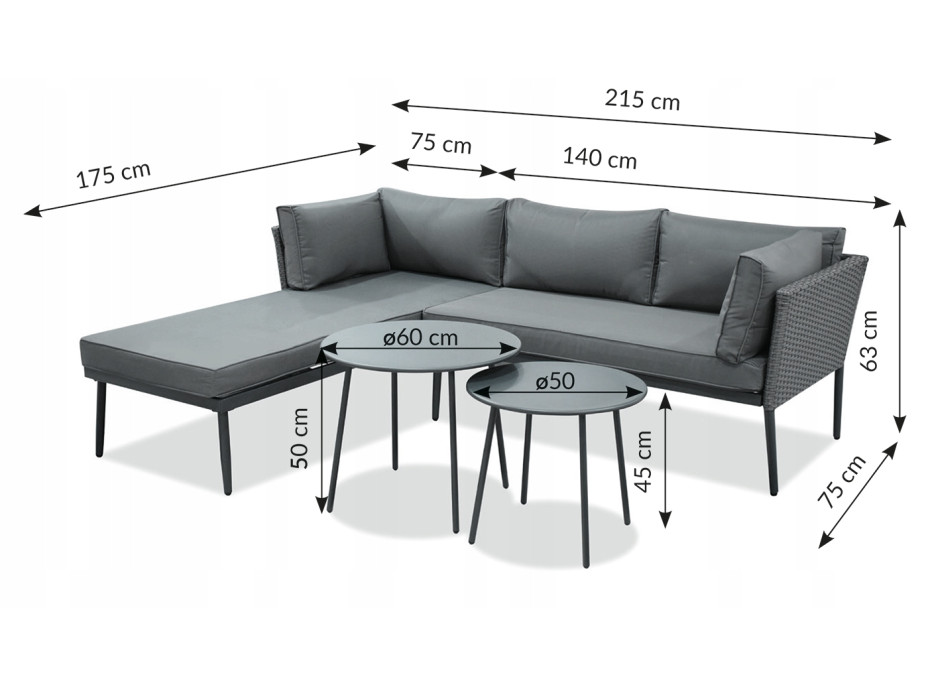Záhradná ratanová rohová pohovka SPARGI + 2 stolíky - šedá