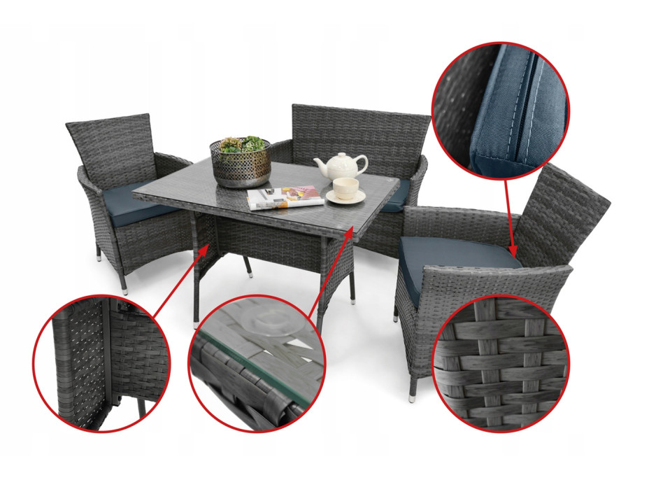 Záhradný ratanový nábytok LIDO (lavička + 2 kreslá + stôl) - šedá
