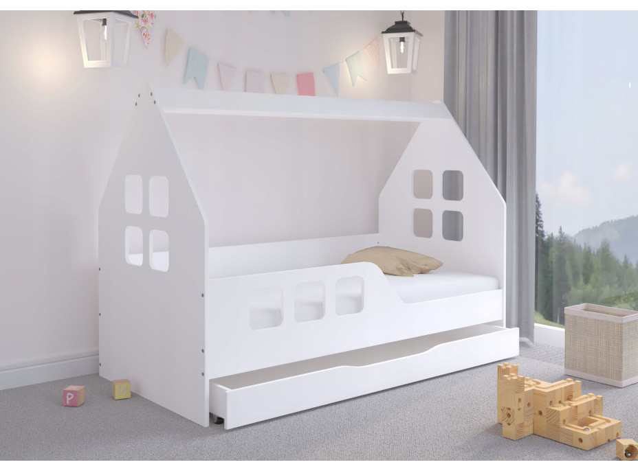 Detská domčeková posteľ KIDHOUSE so zásuvkou - biela - ľavá - 160x80 cm