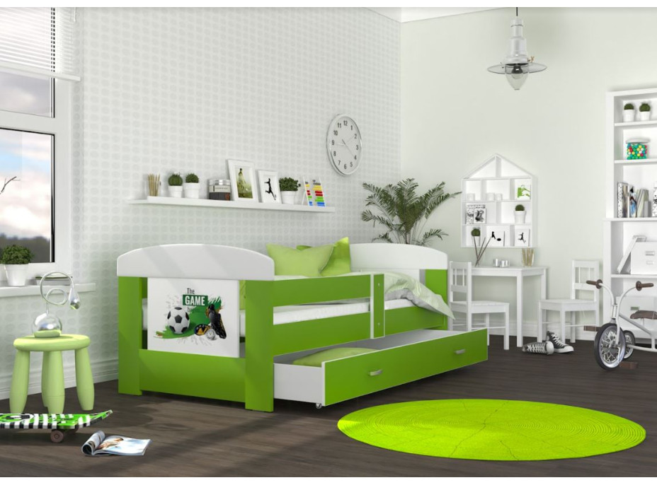 Detská posteľ so zásuvkou PHILIP - 160x80 cm - zelená / futbal