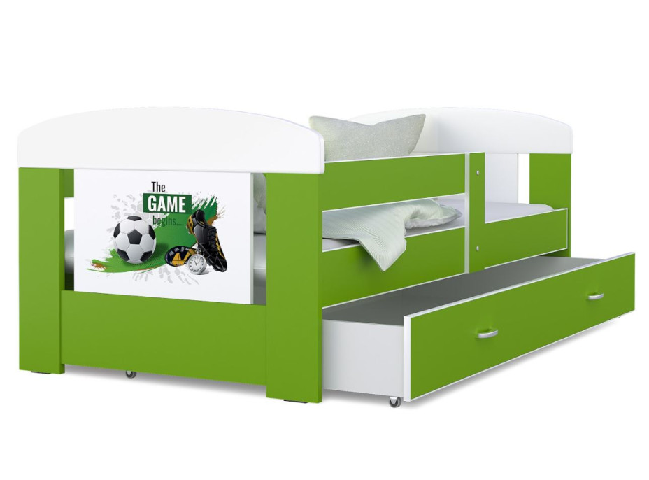 Detská posteľ so zásuvkou PHILIP - 160x80 cm - zelená / futbal