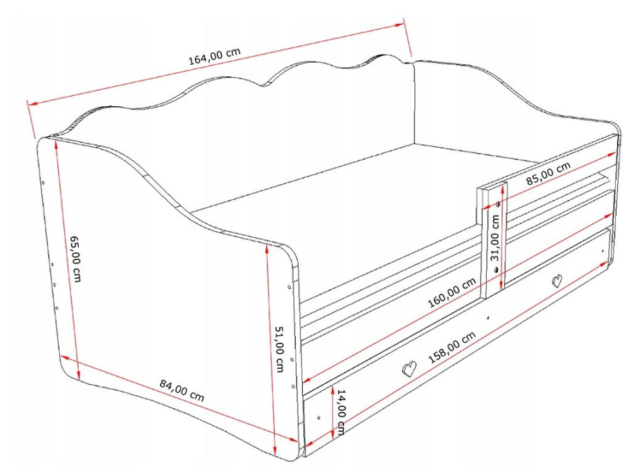 Detská posteľ so šuplíkom 160x80cm ROYAL - Srdce