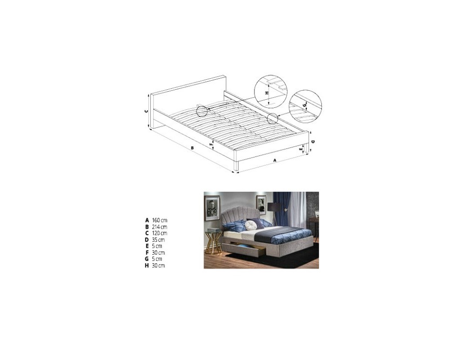 Kovová posteľ GIBI 200x160 cm so zásuvkou - čalúnená - šedá