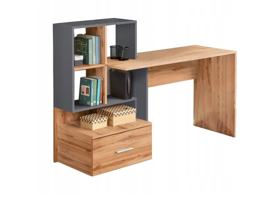 Písací stôl MULTI s policami a šuplíkom - antracitový/dub wotan