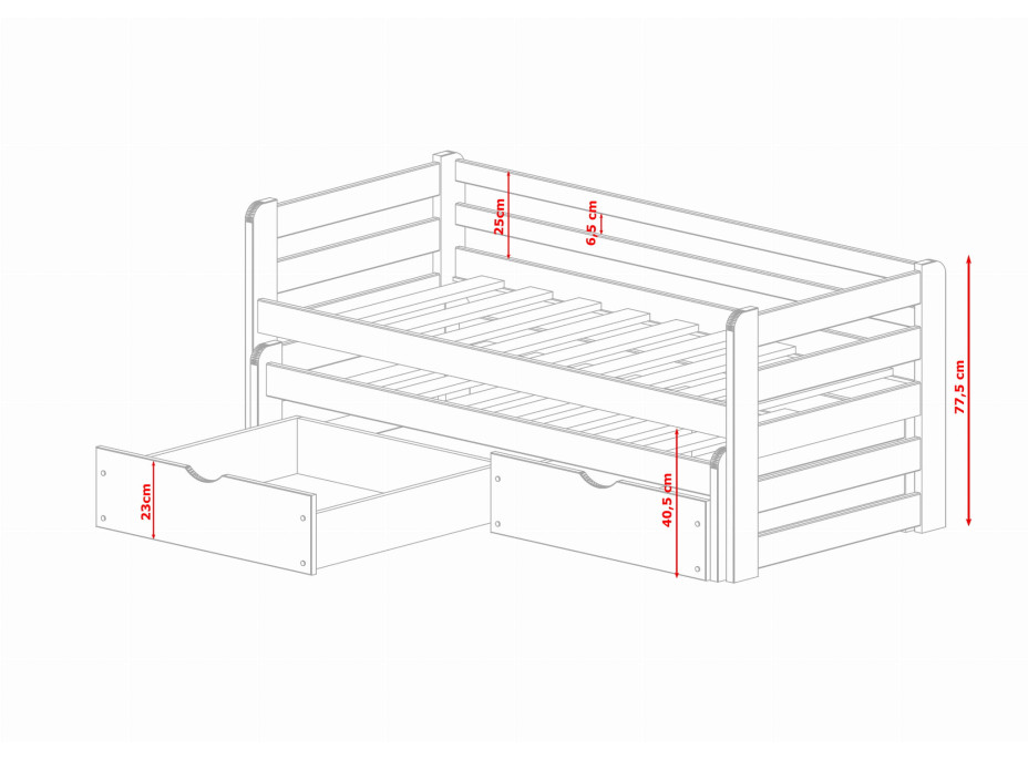 Detská posteľ z masívu borovice SANDRA s prístelkou a zásuvkami - 200x90 cm - ŠEDÁ