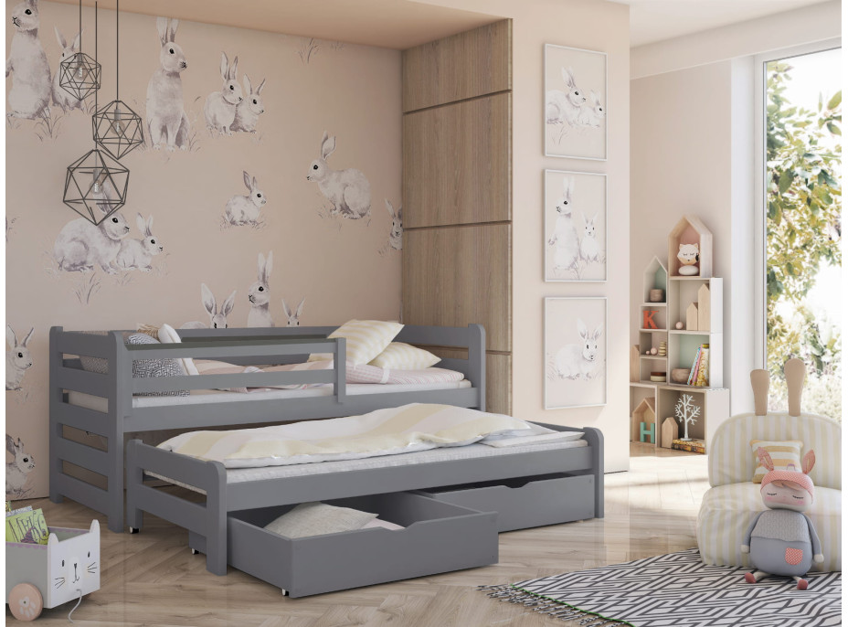 Detská posteľ z masívu borovice SANDRA s prístelkou a zásuvkami - 200x90 cm - ŠEDÁ