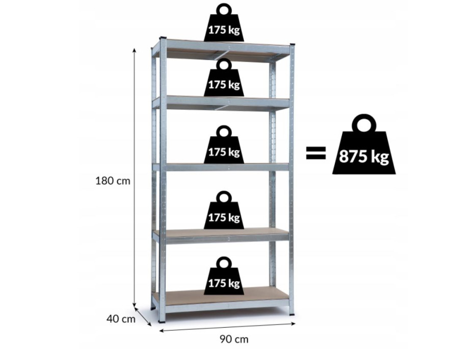 Úložný regál METAL - kovový - 90x40x180 cm - nosnosť 875 kg