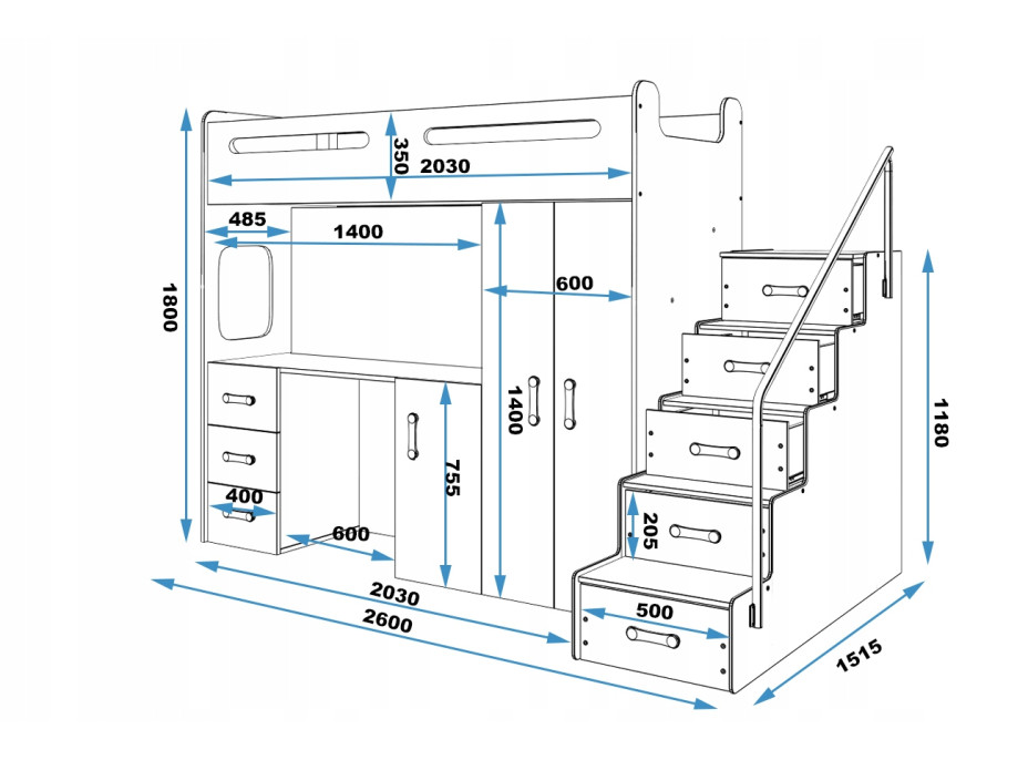 Detská vyvýšená posteľ s písacím stolom a skriňou MAXÍK 4 bielo-modrá - 200x80 cm + matrac ZADARMO