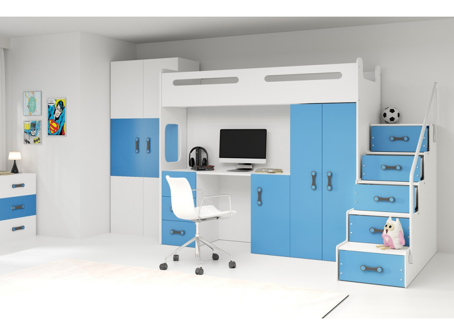 Detská vyvýšená posteľ s písacím stolom a skriňou MAXÍK 4 bielo-modrá - 200x80 cm + matrac ZADARMO