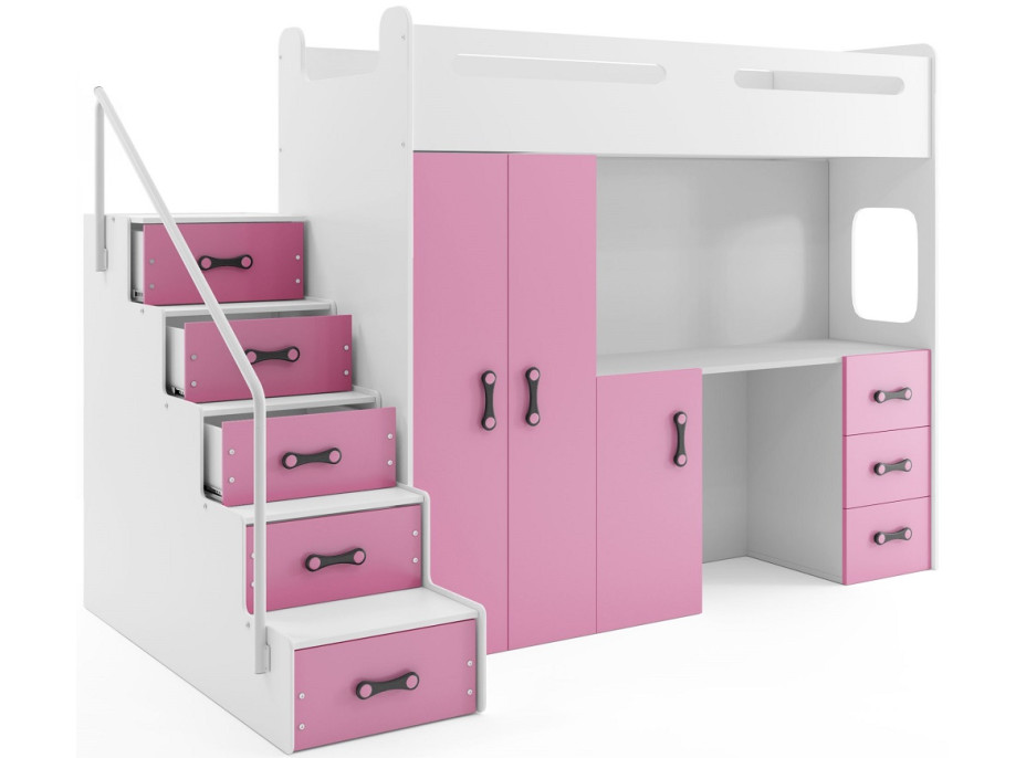 Detská vyvýšená posteľ s písacím stolom a skriňou MAXÍK 4 bielo-ružová - 200x80 cm + matrac ZADARMO
