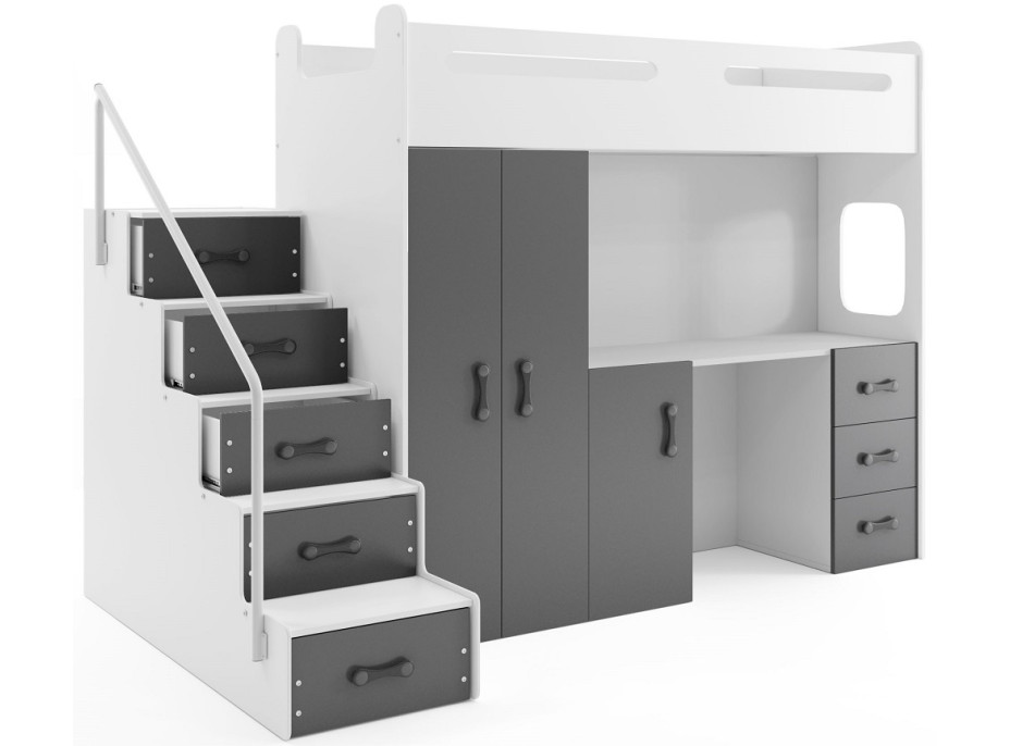 Detská vyvýšená posteľ s písacím stolom a skriňou MAXÍK 4 bielo-šedá - 200x80 cm + matrac ZADARMO