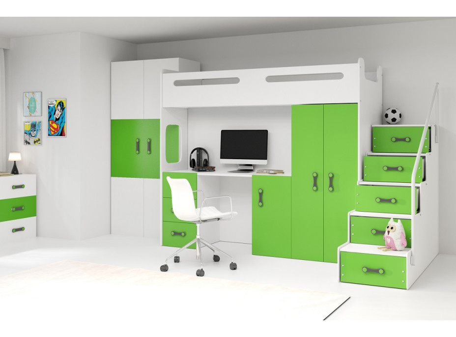 Detská vyvýšená posteľ s písacím stolom a skriňou MAXÍK 4 bielo-zelená - 200x80 cm + matrac ZADARMO