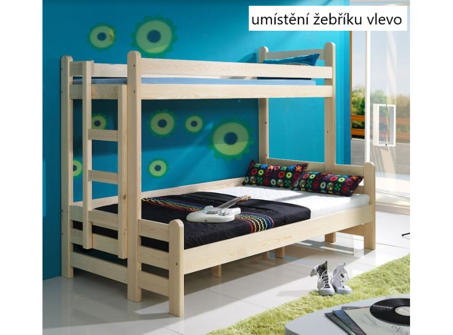 Detská poschodová posteľ s rozšíreným spodným lôžkom a šuplíkom BENJAMIN - prírodná borovica - 200x90/120 cm