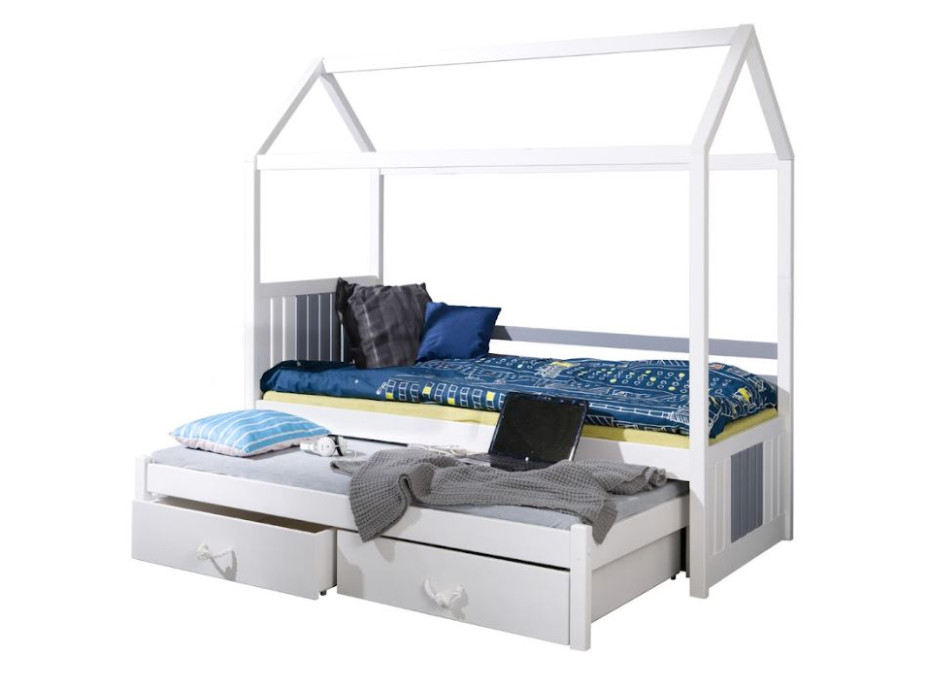 Detská domčeková posteľ z masívu borovice JONAS s prístelkou a zásuvkami - 200x90 cm - biela/sivá