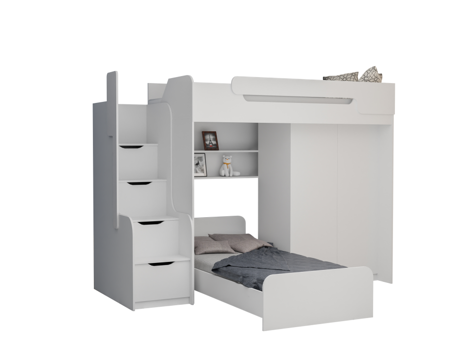 Detská vyvýšená posteľ s dodatkovým lôžkom a skriňou DORIAN II - 200x90 cm - biela