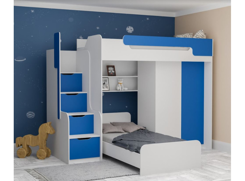 Detská vyvýšená posteľ s dodatkovým lôžkom a skriňou DORIAN II - 200x90 cm - modrá
