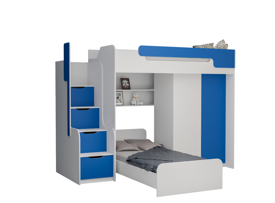 Detská vyvýšená posteľ s dodatkovým lôžkom a skriňou DORIAN II - 200x90 cm - modrá