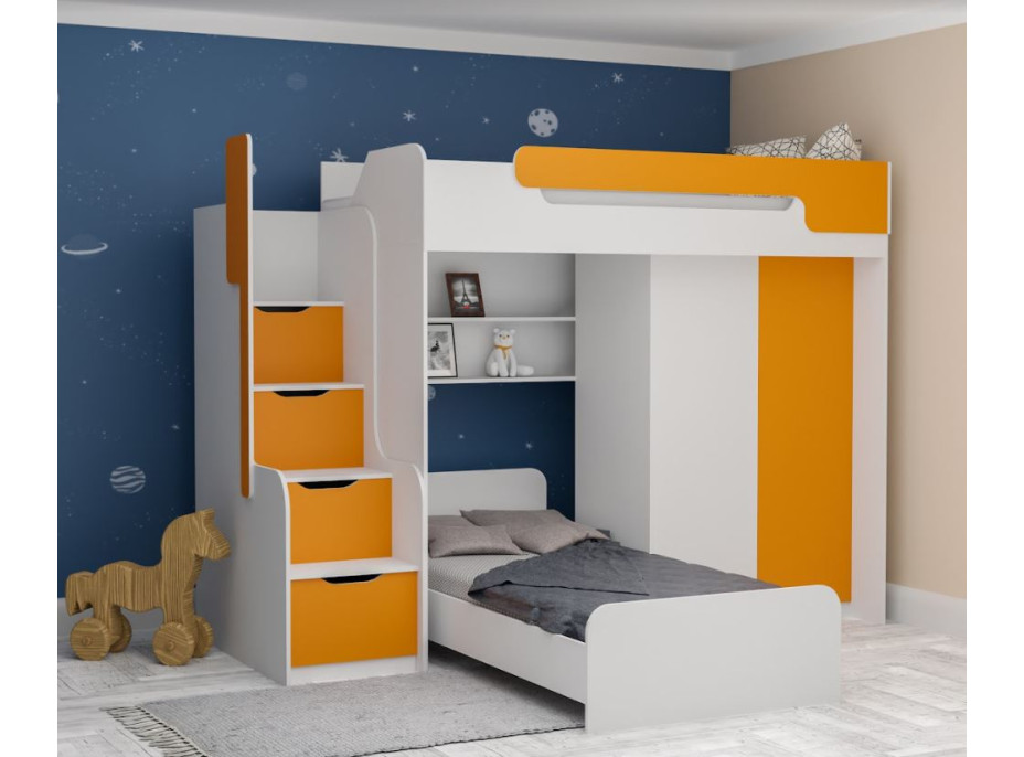 Detská vyvýšená posteľ s dodatkovým lôžkom a skriňou DORIAN II - 200x90 cm - oranžová