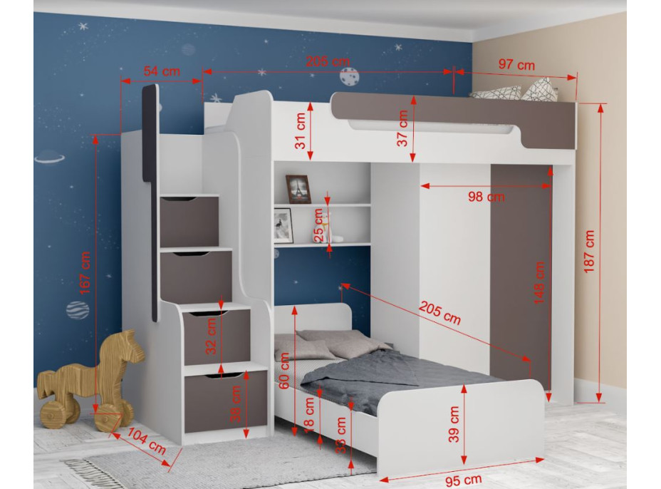 Detská vyvýšená posteľ s dodatkovým lôžkom a skriňou DORIAN II - 200x90 cm - biela