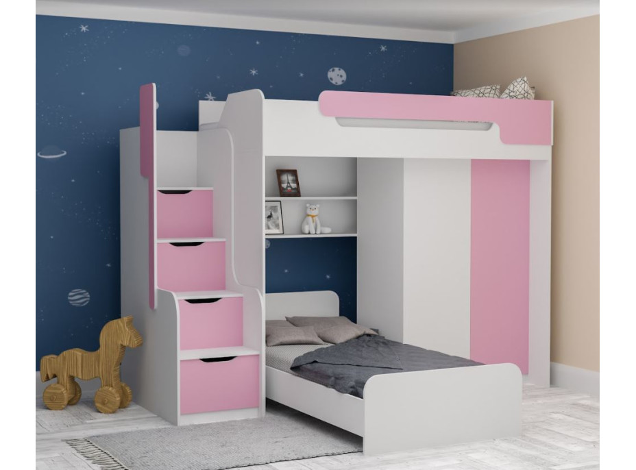 Detská vyvýšená posteľ s dodatkovým lôžkom a skriňou DORIAN II - 200x90 cm - ružová