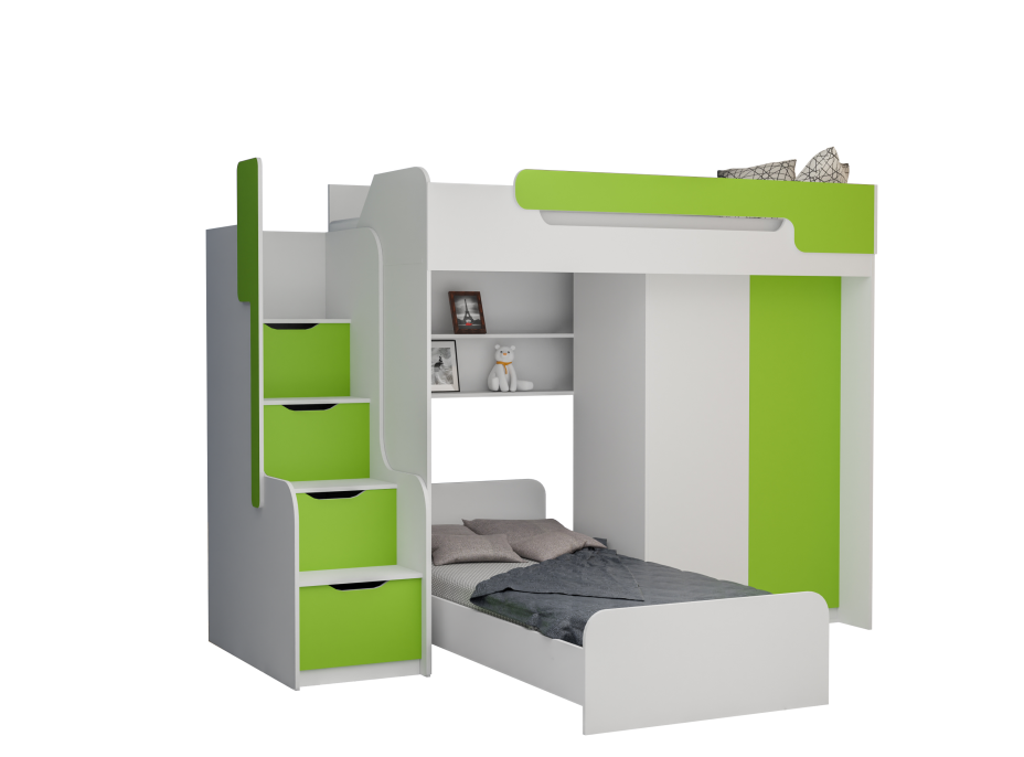 Detská vyvýšená posteľ s dodatkovým lôžkom a skriňou DORIAN II - 200x90 cm - zelená
