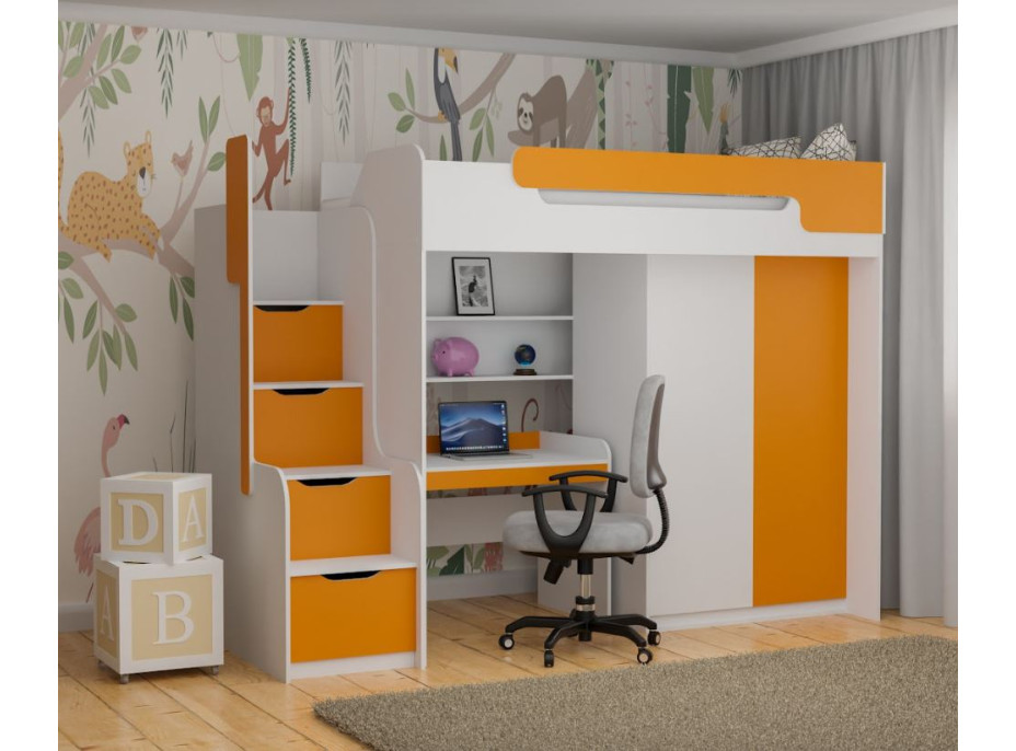 Detská vyvýšená posteľ s písacím stolom a skriňou DORIAN - 200x90 cm - oranžová