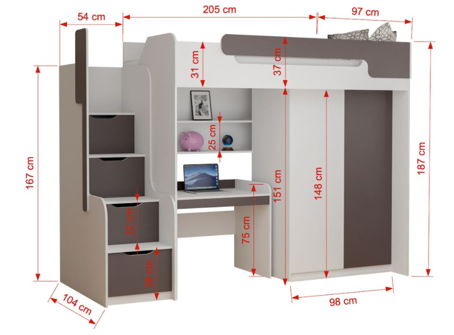 Detská vyvýšená posteľ s písacím stolom a skriňou DORIAN - 200x90 cm - grafitová