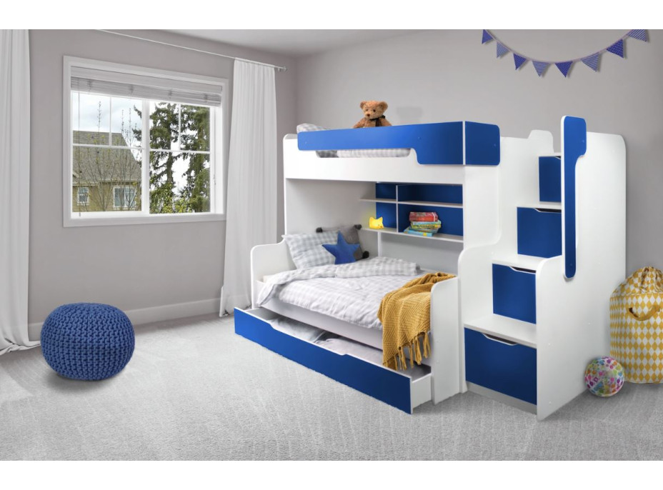 Detská poschodová posteľ s rozšíreným spodným lôžkom a zásuvkou HARRY bielo-modrá - 200x90/120 cm