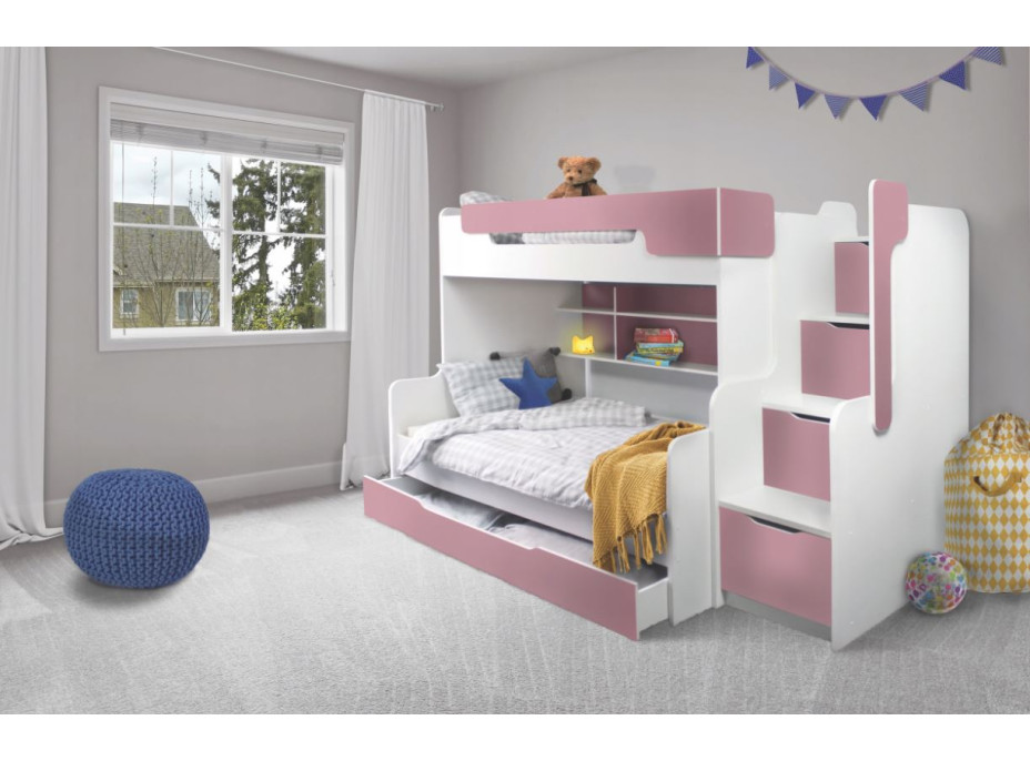 Detská poschodová posteľ s rozšíreným spodným lôžkom a zásuvkou HARRY bielo-ružová - 200x90/120 cm