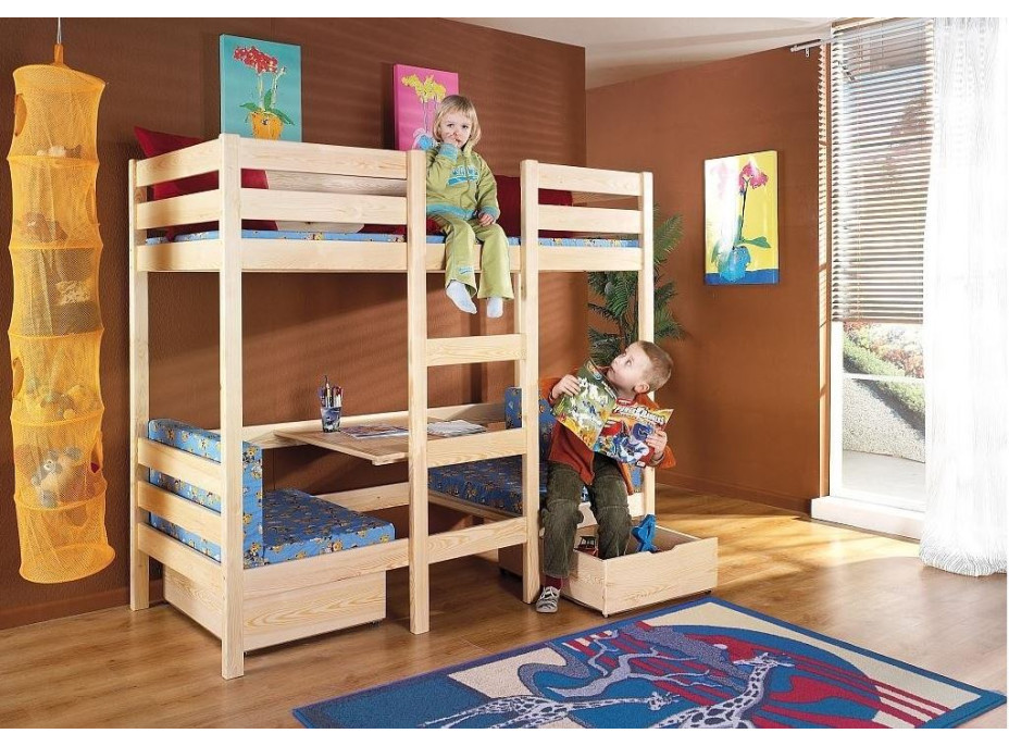 Detská poschodová posteľ z masívu borovice BART so šuplíkmi - 200x90 cm - prírodná borovica