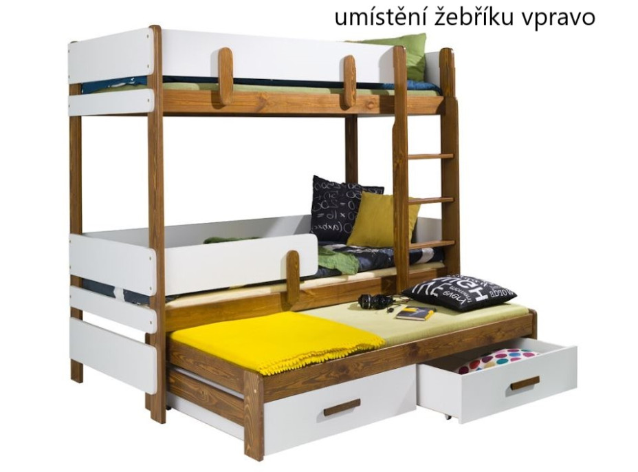 Detská poschodová posteľ z masívu borovice ETTORE III s prístelkou a šuplíkmi - 200x90 cm - dub/biela