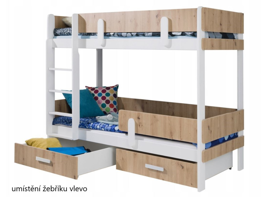 Detská poschodová posteľ z masívu borovice ETTORE so šuplíkmi - 200x90 cm - biela/dub artisan