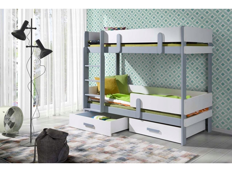 Detská poschodová posteľ z masívu borovice ETTORE so šuplíkmi - 200x90 cm - šedá/biela