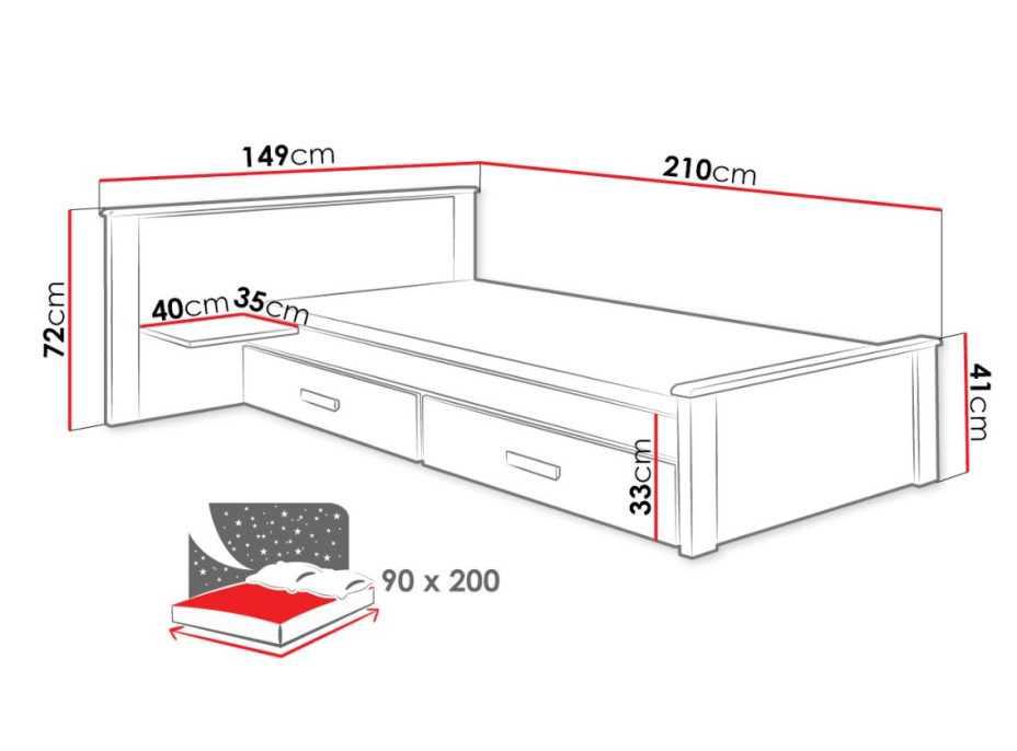 Detská posteľ z masívu borovice ALDA PLUS so šuplíkmi - 200x90 cm - biela/dub sonoma