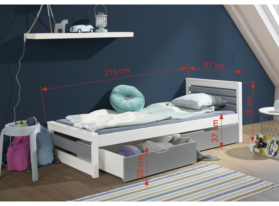 Detská posteľ z masívu borovice KAMA so zásuvkami - 200x90 cm - biela / sivá