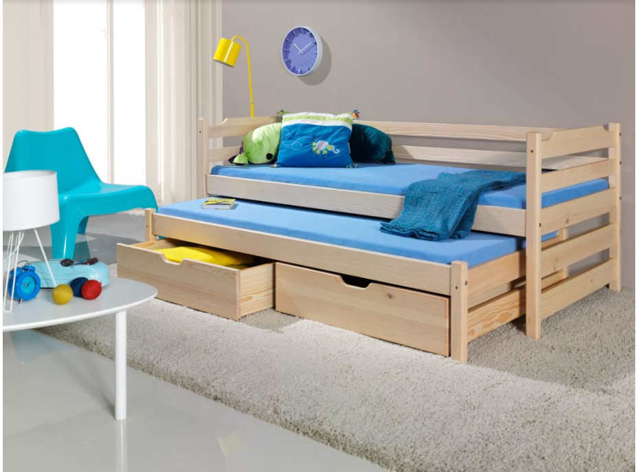 Detská posteľ z masívu borovice MARTIN s prístelkou a zásuvkami - 200x90 cm - prírodná borovice