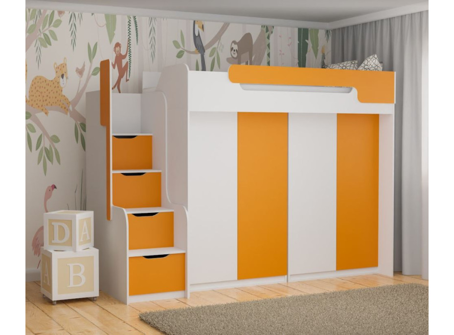 Detská vyvýšená posteľ so šatníkovými skriňami DORIAN III - 200x90 cm - oranžová