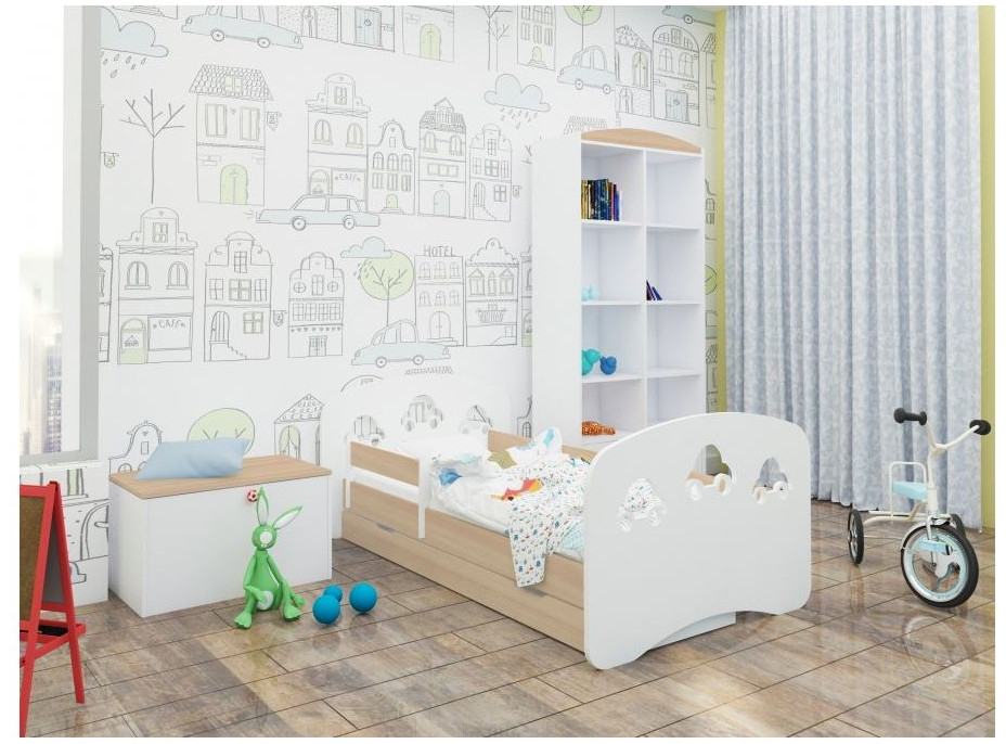Detská posteľ so zásuvkou 180x90 cm s výrezom AUTÍČKA + matrac ZADARMO!