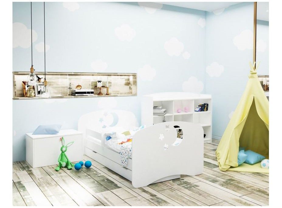 Detská posteľ so zásuvkou 140x70 cm s výrezom MESIAC A HVIEZDIČKY + matrac ZADARMO!