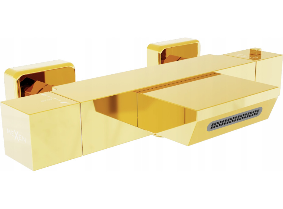 Vaňová termostatická batéria MEXEN CUBE s vývodom na sprchu - zlatá - s vodopádom, 77360-50