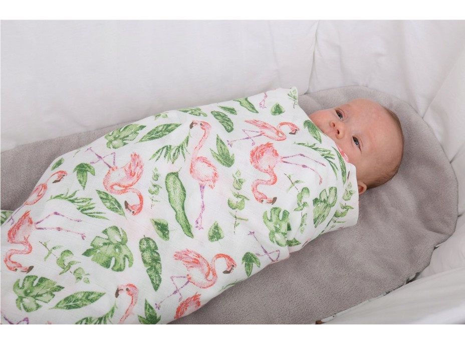 Detská mušelínová plienka (zavinovačka) BABYMAM PREMIUM 120x120 cm - Plameniaky