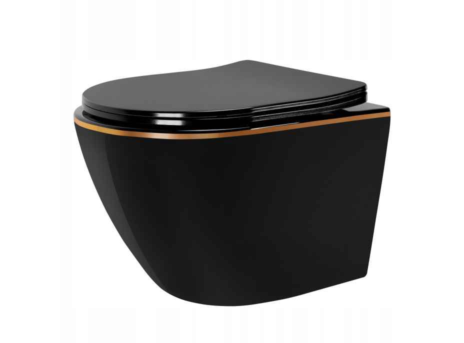 Závesné WC Rea Carlo mini RIMLESS + Duroplast sedátko flat - čierne so zlatým okrajom