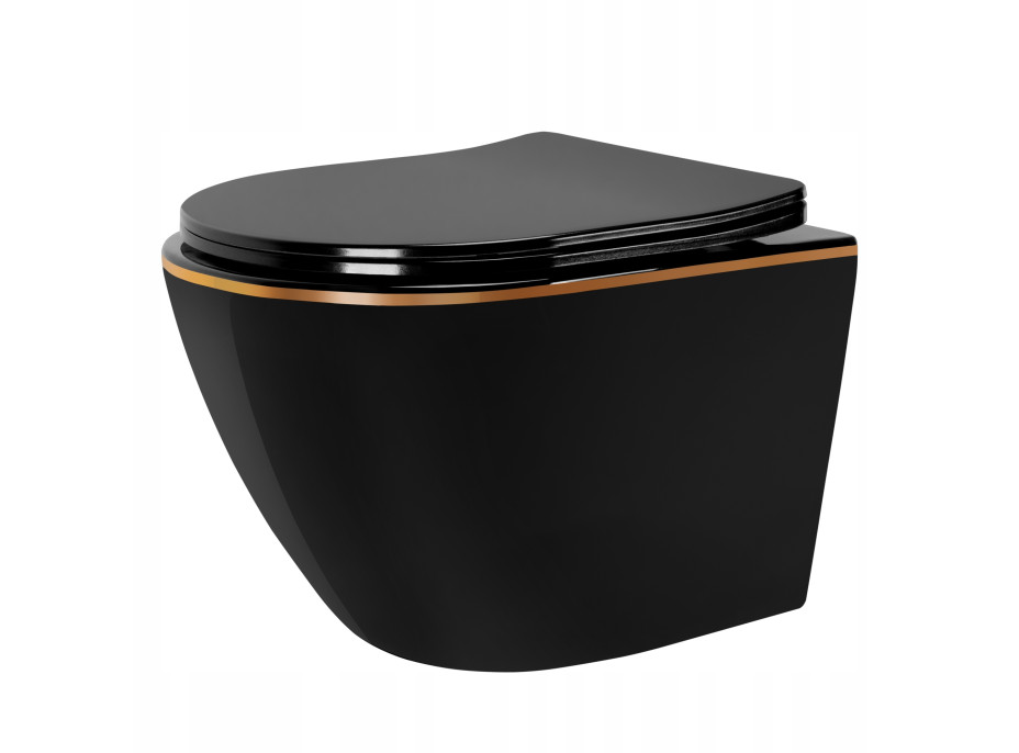 Závesné WC Rea Carlo mini RIMLESS + Duroplast sedátko flat - čierne so zlatým okrajom