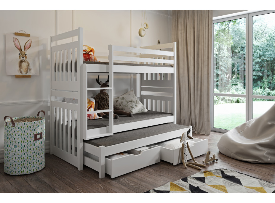 Detská poschodová posteľ z masívu borovice SAMBOR s prístelkou a šuplíky - 200x90 cm - biela
