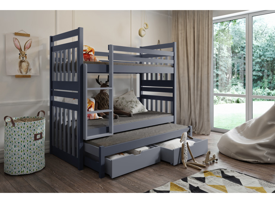 Detská poschodová posteľ z masívu borovice SAMBOR s prístelkou a zásuvkami - 200x90 cm - grafit/sivá