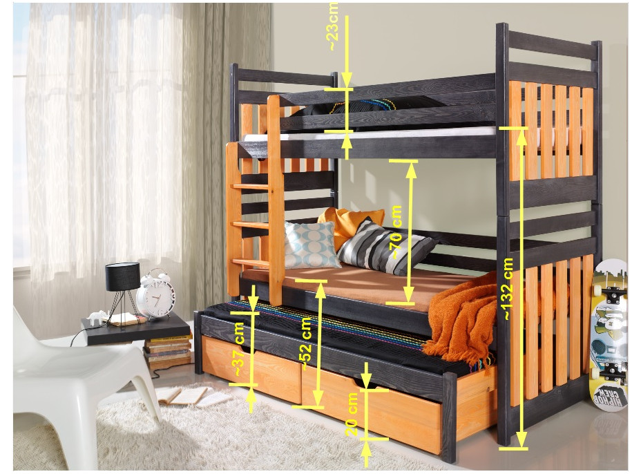 Detská poschodová posteľ z masívu borovice SAMBOR s prístelkou a zásuvkami - 200x90 cm - biela