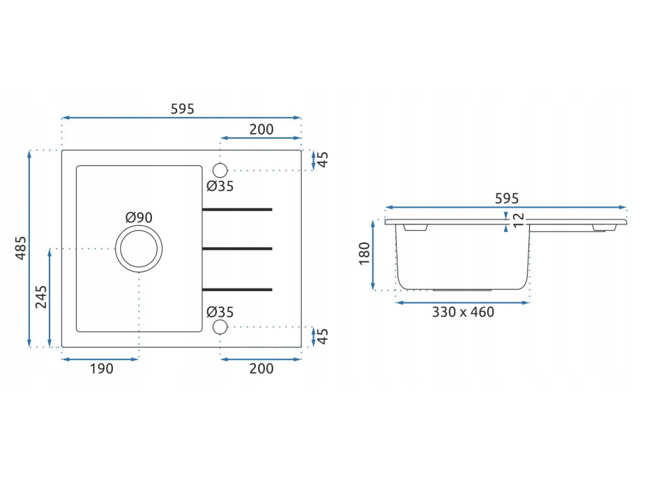 Kuchynský granitový drez REA NORTH - 48,5 x 59,5 cm - metalický čierny
